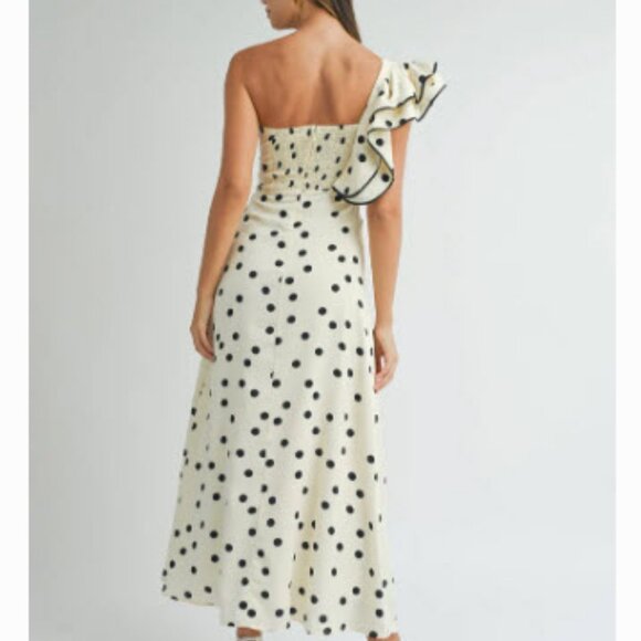 NWT Womens Benaar Natalie Ivory Black Polka Dot One Shoulder Paris Midi Dress S - Picture 3 of 15